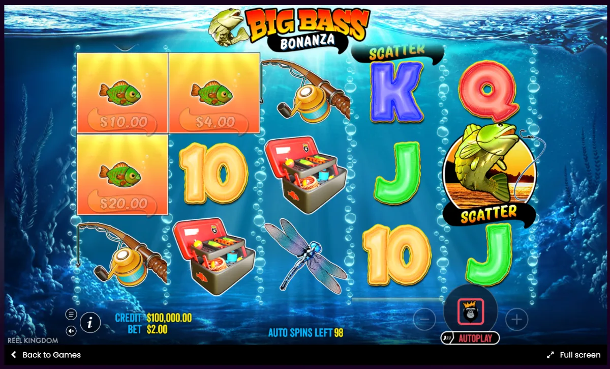 Big Bass Bonanza-ի խաղադաշտը՝ ջրի տակ, փողի խորհրդանիշներով և scatter ձկան պատկերով