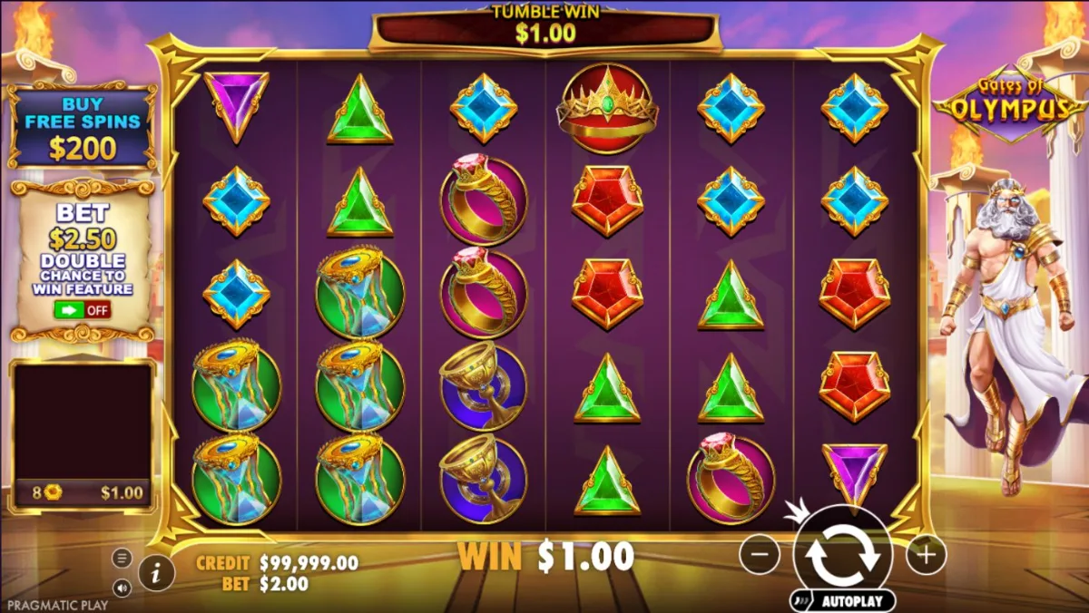 Gates of Olympus-ի խաղադաշտը՝ 6 ռիլ, Զևսի կերպարը և Buy Free Spins կոճակը