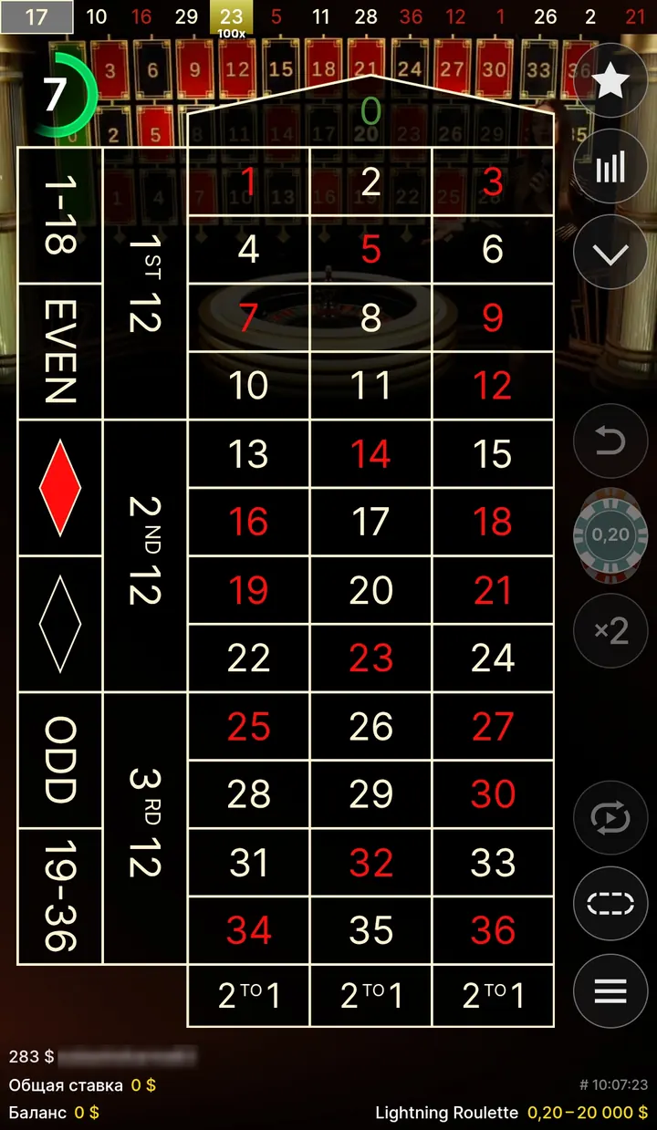Lightning Roulette խաղադրույքների սեղանը հեռախոսի էկրանին՝ 1-ից 36 թվերով, զրոյով, արտաքին խաղադրույքների դաշտերով և վերջին արդյունքների շերտով