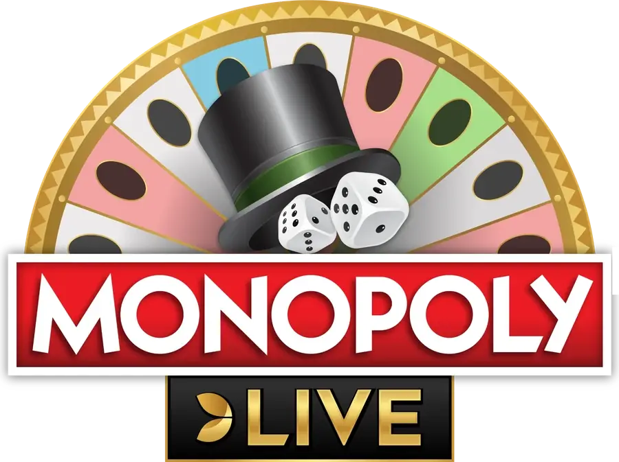 Monopoly Live խաղի լոգոն՝ Evolution-ի կենդանի խաղային շոու դրամական անիվով, ցիլինդրով և զառերով