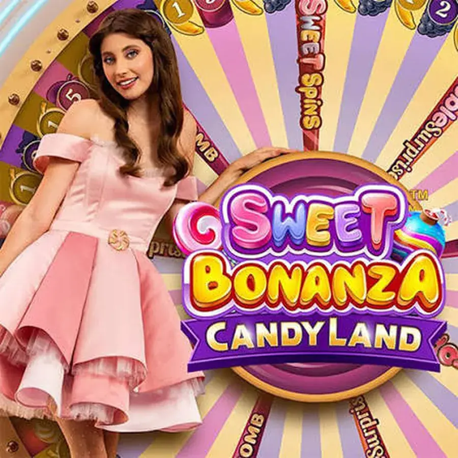 Sweet Bonanza CandyLand խաղը Pragmatic Play Live-ից՝ ստուդիայի հաղորդավարուհին վարդագույն զգեստով անիվի առջև և խաղի լոգոն