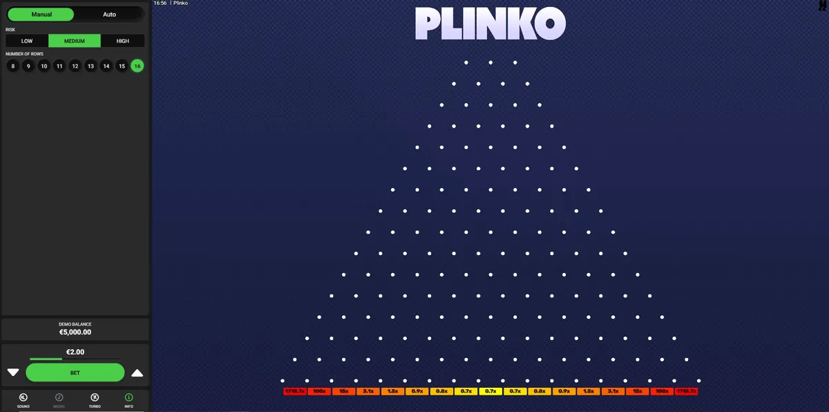 Plinko խաղի էկրանը՝ Risk և Number of Rows կարգավորումներով և ընկնող գնդակի դաշտով