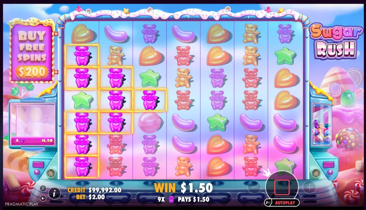 Sugar Rush-ի խաղադաշտը՝ 7x7 ցանց, դոնդողե արջուկներ և նշված դիրքեր բազմապատկիչներով