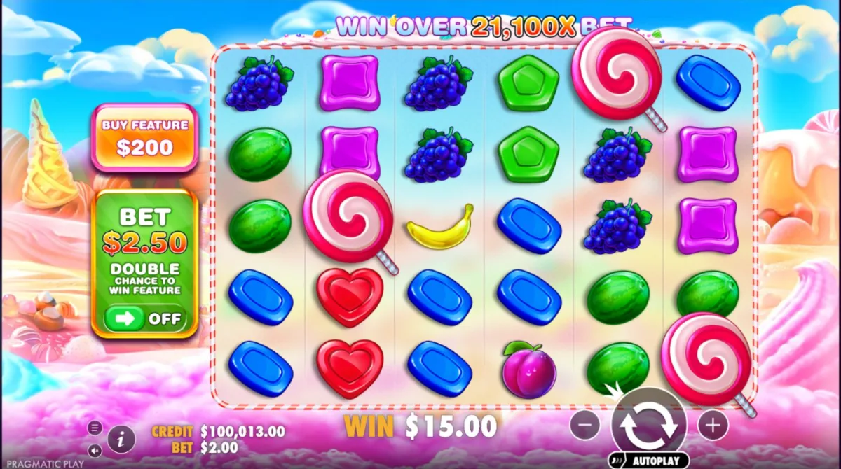 Sweet Bonanza խաղի էկրանը՝ 6x5 ցանցով և Buy Feature կոճակով